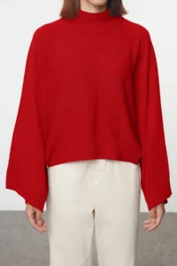 TRENDYOLMİLLA Red Wide Pattern Spanish Arm Knitwear Sweater - Image 4