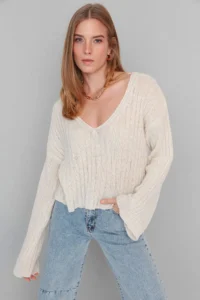 TRENDYOLMİLLA Stone Mercerized Look Woolly Wide Pattern Basic Knitwear Sweater - Image 3
