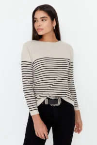 TRENDYOLMİLLA Stone Basic Striped Knitwear Sweater