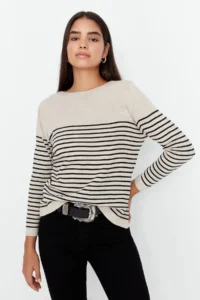 TRENDYOLMİLLA Stone Basic Striped Knitwear Sweater - Image 2