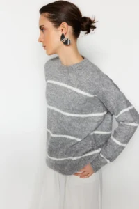 TRENDYOLMİLLA Gray Striped Wide Pattern textured Knitwear Sweater - Image 2