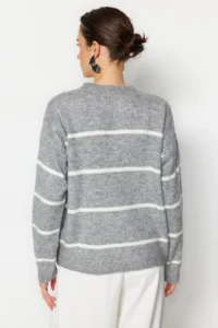 TRENDYOLMİLLA Gray Striped Wide Pattern textured Knitwear Sweater - Image 5