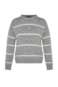 TRENDYOLMİLLA Gray Striped Wide Pattern textured Knitwear Sweater - Image 6