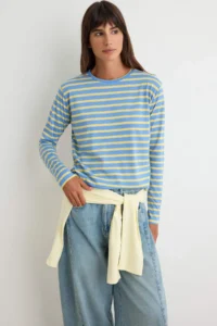 TRENDYOLMİLLA BLUE Striped Regular/Normal Pattern Basic Crew Neck Knitting T-Shirt