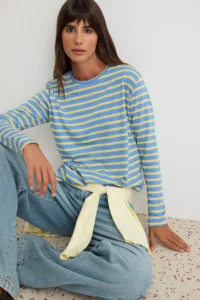 TRENDYOLMİLLA BLUE Striped Regular/Normal Pattern Basic Crew Neck Knitting T-Shirt - Image 2