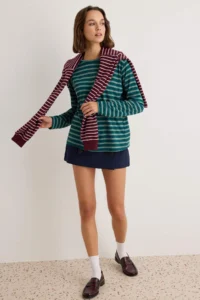 TRENDYOLMİLLA Petrol-MINT Striped Regular/Normal Pattern Basic Crew Neck Knitting T-Shirt - Image 2