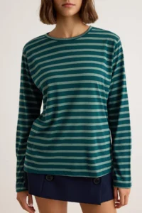 TRENDYOLMİLLA Petrol-MINT Striped Regular/Normal Pattern Basic Crew Neck Knitting T-Shirt - Image 3