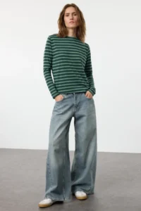 TRENDYOLMİLLA Petrol-MINT Striped Regular/Normal Pattern Basic Crew Neck Knitting T-Shirt - Image 6