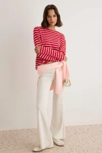 TRENDYOLMİLLA Red-PINK Striped Regular/Normal Pattern Basic Crew Neck Knitting T-Shirt - Image 2