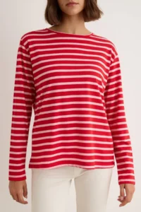 TRENDYOLMİLLA Red-PINK Striped Regular/Normal Pattern Basic Crew Neck Knitting T-Shirt - Image 3