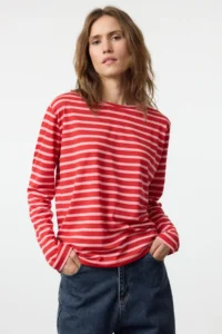 TRENDYOLMİLLA Red-PINK Striped Regular/Normal Pattern Basic Crew Neck Knitting T-Shirt - Image 5