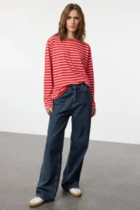 TRENDYOLMİLLA Red-PINK Striped Regular/Normal Pattern Basic Crew Neck Knitting T-Shirt - Image 6