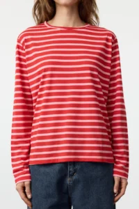 TRENDYOLMİLLA Red-PINK Striped Regular/Normal Pattern Basic Crew Neck Knitting T-Shirt - Image 8