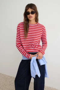 TRENDYOLMİLLA Red Striped Regular/Normal Pattern Basic Crew Neck Knitting T-Shirt