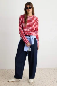 TRENDYOLMİLLA Red Striped Regular/Normal Pattern Basic Crew Neck Knitting T-Shirt - Image 2