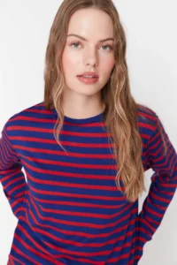 TRENDYOLMİLLA Red-NAVY BLUE Striped Regular/Normal Pattern Basic Crew Neck Knitting T-Shirt - Image 11