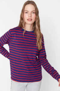 TRENDYOLMİLLA Red-NAVY BLUE Striped Regular/Normal Pattern Basic Crew Neck Knitting T-Shirt - Image 14