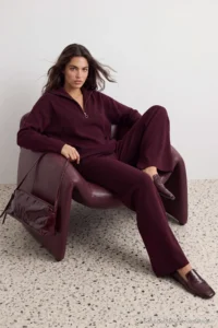 TRENDYOLMİLLA Burgundy Wide Pattern Zippered Knitwear Top and Bottom Set