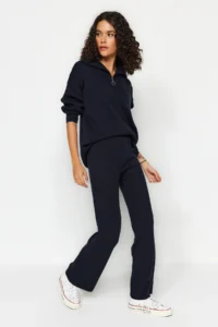 TRENDYOLMİLLA NAVY BLUE Wide Pattern Zippered Knitwear Top and Bottom Set