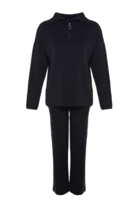 TRENDYOLMİLLA NAVY BLUE Wide Pattern Zippered Knitwear Top and Bottom Set - Image 6