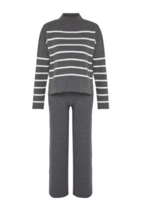 TRENDYOLMİLLA Anthracite Striped Knitwear Pantolonlu Knitwear Top and Bottom Set - Image 5