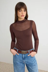 TRENDYOLMİLLA Brown Fitted Tulle Detailed High Neck Flexible snaps Knitting Bodysuit .D.00049