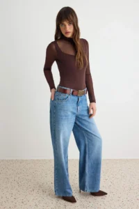 TRENDYOLMİLLA Brown Fitted Tulle Detailed High Neck Flexible snaps Knitting Bodysuit .D.00049 - Image 2