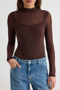TRENDYOLMİLLA Brown Fitted Tulle Detailed High Neck Flexible snaps Knitting Bodysuit .D.00049 - Image 3