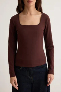 TRENDYOLMİLLA Brown Cotton Square Neck Regular Fit Knitting Blouse - Image 3