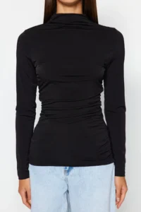 TRENDYOLMİLLA Black Ruffle Detailed High Neck Fitted/Long Sleeve Fitted Flexible Knitting Blouse - Image 5