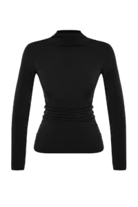 TRENDYOLMİLLA Black Ruffle Detailed High Neck Fitted/Long Sleeve Fitted Flexible Knitting Blouse - Image 6