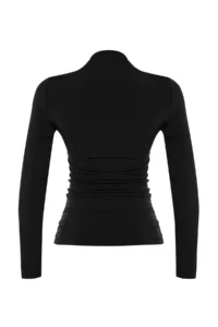 TRENDYOLMİLLA Black Ruffle Detailed High Neck Fitted/Long Sleeve Fitted Flexible Knitting Blouse - Image 8