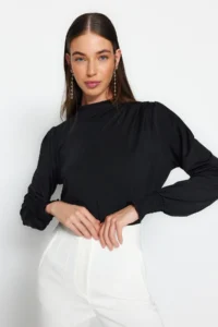 TRENDYOLMİLLA Black High Neck Regular Fit Gipe Detailed Flexible Knitting Blouse - Image 3