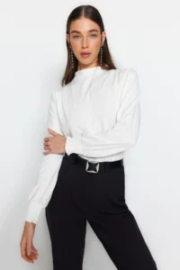 TRENDYOLMİLLA Ecru High Neck Regular Fit Gipe Detailed Flexible Knitting Blouse - Image 2