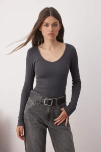 TRENDYOLMİLLA Anthracite-PINK 2 Sets Package V-neck Fitted Cotton Flexible Knitting Blouse - Image 2