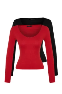 TRENDYOLMİLLA Black-Red 2 Sets Package V-neck Fitted Cotton Flexible Knitting Blouse - Image 2