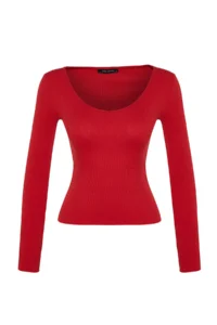TRENDYOLMİLLA Black-Red 2 Sets Package V-neck Fitted Cotton Flexible Knitting Blouse - Image 4