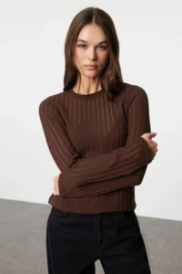 TRENDYOLMİLLA Dark Brown Transparan Knitwear look Material Regular Length Crew Neck Knitting Blouse