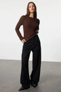 TRENDYOLMİLLA Dark Brown Transparan Knitwear look Material Regular Length Crew Neck Knitting Blouse - Image 2