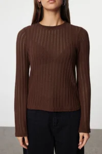 TRENDYOLMİLLA Dark Brown Transparan Knitwear look Material Regular Length Crew Neck Knitting Blouse - Image 3