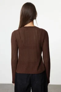 TRENDYOLMİLLA Dark Brown Transparan Knitwear look Material Regular Length Crew Neck Knitting Blouse - Image 4