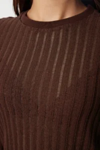 TRENDYOLMİLLA Dark Brown Transparan Knitwear look Material Regular Length Crew Neck Knitting Blouse - Image 5