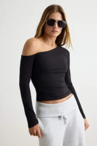 TRENDYOLMİLLA Black One Shoulder Cotton Flexible Fitted Crop Knitting Blouse
