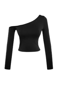 TRENDYOLMİLLA Black One Shoulder Cotton Flexible Fitted Crop Knitting Blouse - Image 12