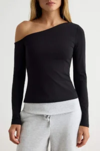 TRENDYOLMİLLA Black One Shoulder Cotton Flexible Fitted Crop Knitting Blouse - Image 3
