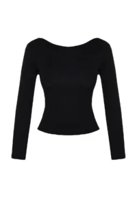 TRENDYOLMİLLA Black Low-cut back Fitted Ribbed Flexible Knitting Blouse - Image 6