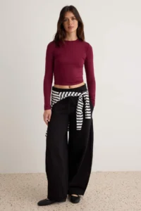 TRENDYOLMİLLA Plum Viscose Crew Neck Crop Flexible Knitting Blouse - Image 2