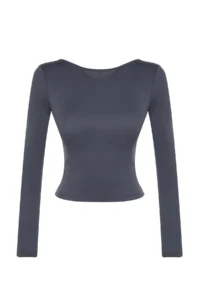 TRENDYOLMİLLA Anthracite Cotton Low-cut back Fitted Flexible Blouse - Image 12
