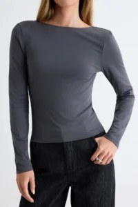 TRENDYOLMİLLA Anthracite Cotton Low-cut back Fitted Flexible Blouse - Image 3