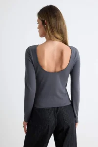 TRENDYOLMİLLA Anthracite Cotton Low-cut back Fitted Flexible Blouse - Image 4